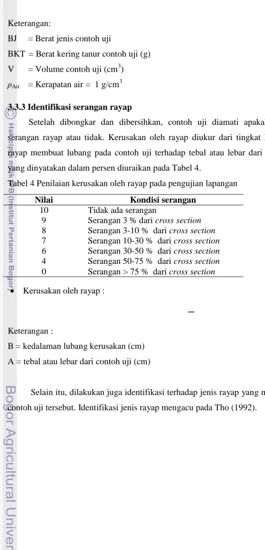 Tabel 4 Penilaian kerusakan oleh rayap pada pengujian lapangan 