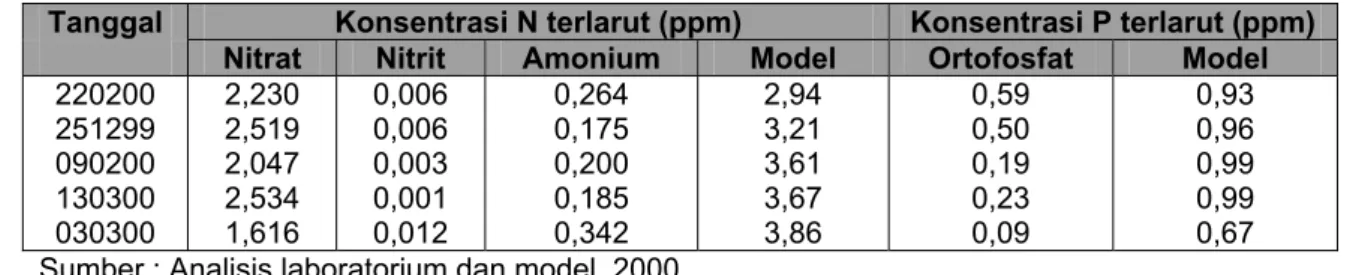 Tabel 5. Perbandingan konsentrasi N terlarut dan P terlarut hasil pengukuran dan model   Tanggal  Konsentrasi N terlarut (ppm)  Konsentrasi P terlarut (ppm) 