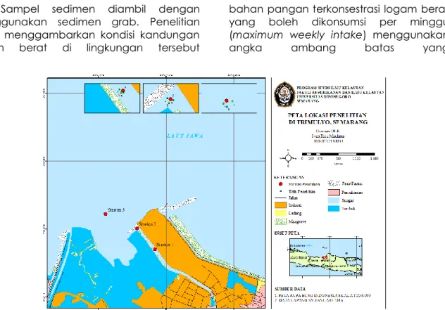 Gambar  1.  Peta  Lokasi  Penelitian  Analisa  Kandungan  Logam  Berat  Kromium  (Cr)  pada  Air,  Sedimen dan Kerang Hijau (Perna viridis) di Perairan Trimulyo Semarang