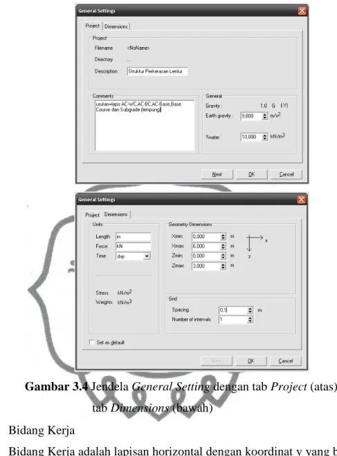 Gambar 3.4 Jendela General Setting dengan tab Project (atas) dan                              tab Dimensions (bawah) 