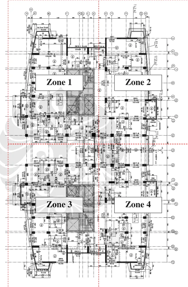 Gambar 3.6. Pembagian zone –zone pekerjaan untuk 4 zone pada proyek  Shangri-la Hotel Condominium Jakarta 