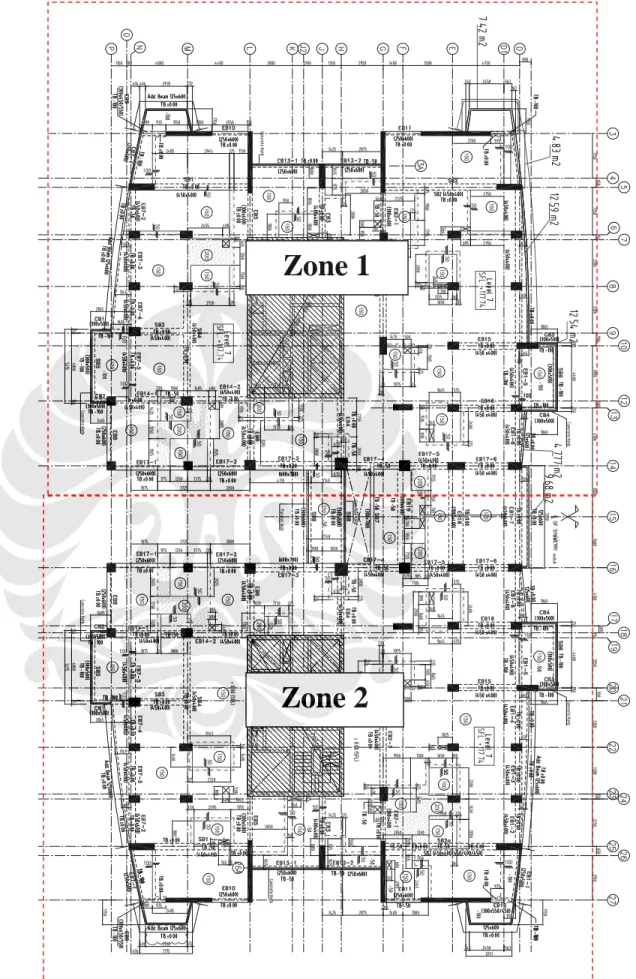 Gambar 3.7. Pembagian zone –zone pekerjaan untuk 2 zone pada proyek  Shangri-la Hotel Condominium Jakarta 