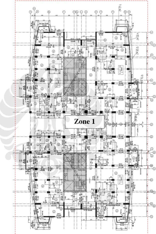 Gambar 3.8. Pembagian zone –zone pekerjaan untuk 1 zone pada proyek  Shangri-la Hotel Condominium Jakarta 