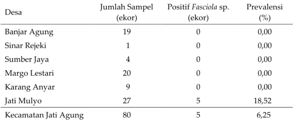 Tabel 2. Prevalensi cacing hati (Fasciola sp.) pada enam desa di Kecamatan Jati Agung 