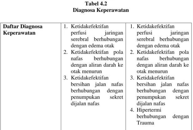 Tabel 4.2  Diagnosa Keperawatan  Daftar Diagnosa  Keperawatan  1.  Ketidakefektifan perfusi  jaringan  serebral  berhubungan  dengan edema otak  2