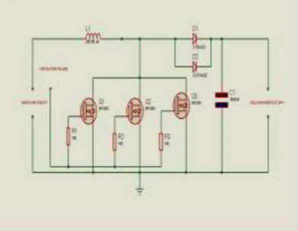 Gambar  1.  merupakan  perancangan  konverter  boost dengan komponen utama induktor, kapasitor,  dioda, dan MOSFET