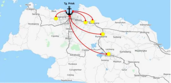 Gambar 1 - Ilustrasi Hinterland Eksisting Angkutan Peti Kemas Pelabuhan Tg. Priok 