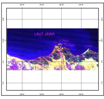Gambar 1.  Citra Landsat-5TM 26-06-1997 False Color Composite (452) Kali Adem sampai dengan Tanjung pasir