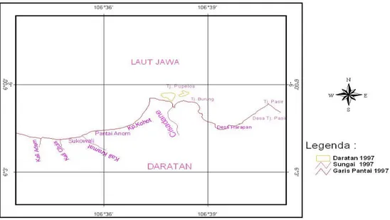 Gambar 2.  Garis pantai hasil analisis citra Landsat 5 TM tahun 1997  dari kali Adem sampai Tanjung Pasir Perairan Estuaria Cisadane, Banten  