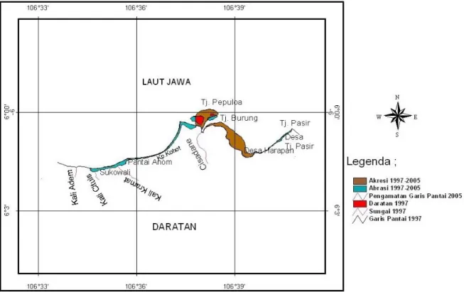 Gambar 5.  Peta  Perubahan  Garis  Pantai  (abrasi  dan    rekresi)  perairan  Cisadane  dari  Citra  Landsat  5  TM  Tahun  1997 dengan garis pantai pengamatan lapangan tahun 2005