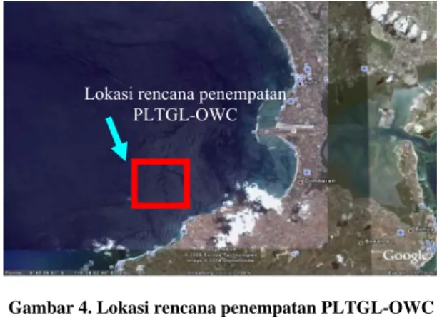 Gambar 4 menunjukkan lokasi yang direncanakan  untuk penempatan PLTGL-OWC. Gambar ini  diambil dari atas menggunakan google earth