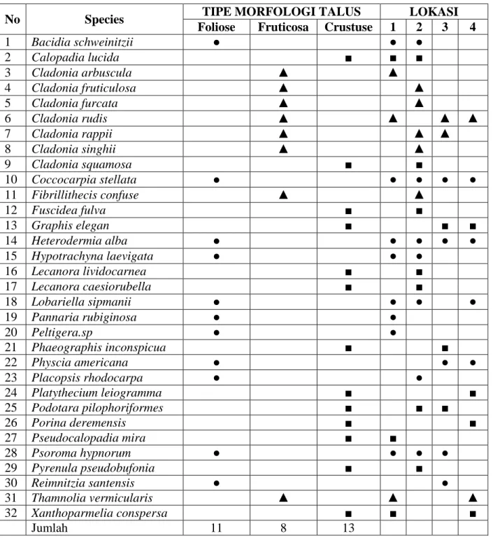 Tabel  Species  dan  Tipe  Morfologi  Talus  Lumut  Kerak  Yang  Ditemukan  Dijorong  Kayu  Jao  Kenagarian Batang Barus 