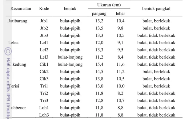Tabel 2  Morfologi buah mangga cengkir di 5 kecamatan di Kabupaten Indramayu. 