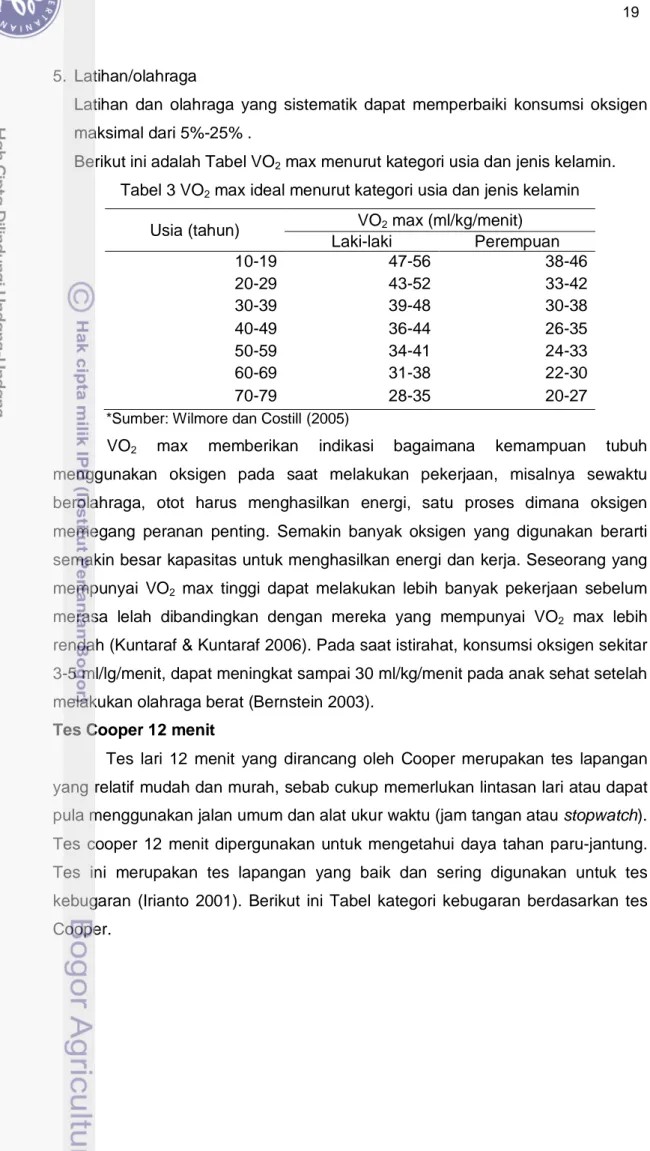 Tabel 3 VO 2  max ideal menurut kategori usia dan jenis kelamin  Usia (tahun)  VO 2  max (ml/kg/menit) 