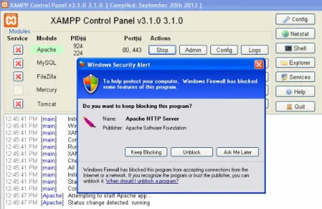 Gambar 1.4 Jendela Windows Security Alert   saat mencoba men-Start Apache 