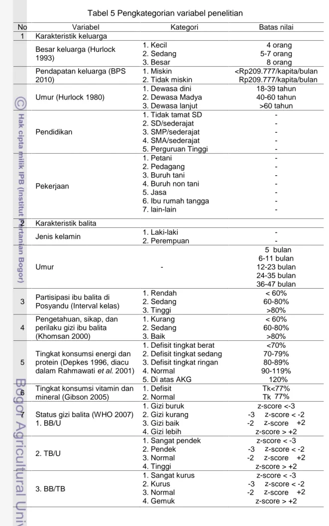 Tabel 5 Pengkategorian variabel penelitian