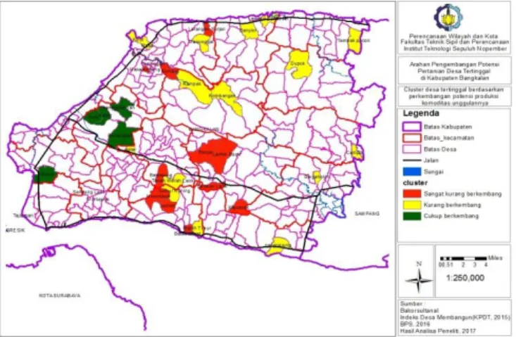 Gambar  3.    peta  persebarana  desa  tertinggal  berdasarkan  cluster  perkembangan potensi produksi komoditas unggulan pertaniannya