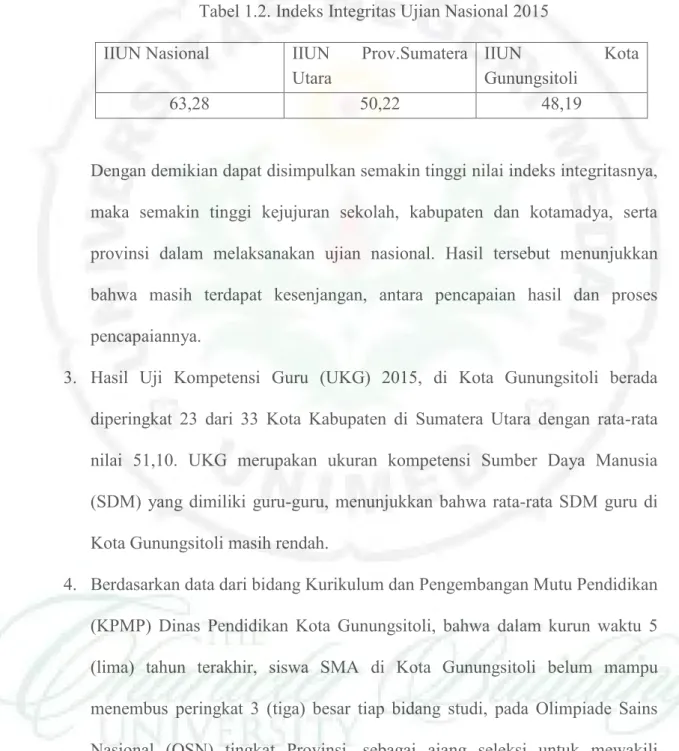 Tabel 1.2. Indeks Integritas Ujian Nasional 2015  IIUN Nasional  IIUN  Prov.Sumatera 