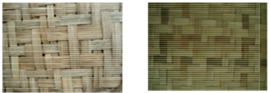 Gambar 4 . Perbandingan hasil anyaman: a) anyaman parenkhim pelepah sawit dan b) anyaman dari bambu tampak lebih halus