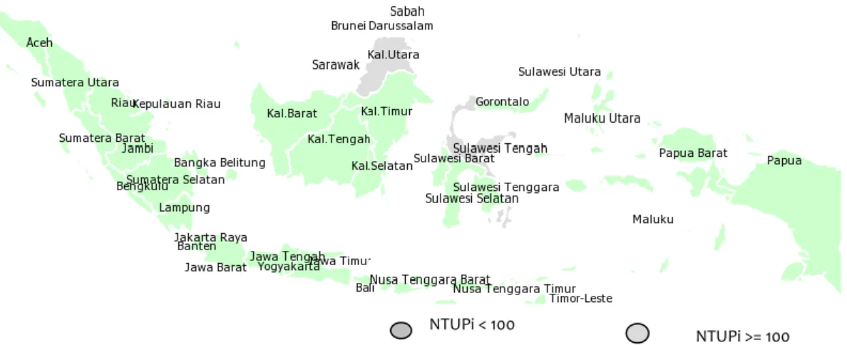 Gambar 4.  Sebaran NTUPI Per Provinsi  Tahun  2017 (Sumber: BPS Indonesia)  NTPi dan NTUPi  selama Januari  – Desember tahun 2017  mengalami kenaikan  sebagaimana  pada  gambar