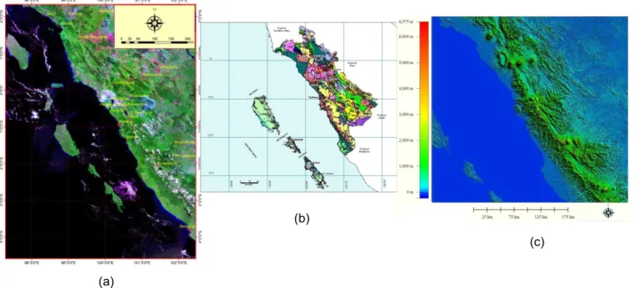 Gambar 6. a) Citra Landsat yang digunakan untuk mengekstraksi data tutupan lahan; b)  Peta  Geologi yang digunakan untuk mengekstraksi data jenis batuan penyusun pantai; c) Data Aster-GDEM 