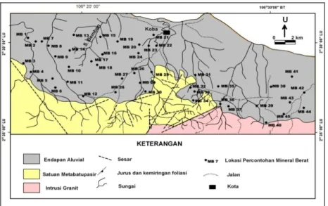 Gambar 4. Peta Geologi dan Lokasi Percontohan Mineral Berat  Daerah Koba dan Sekitarnya, Bangka Tengah 