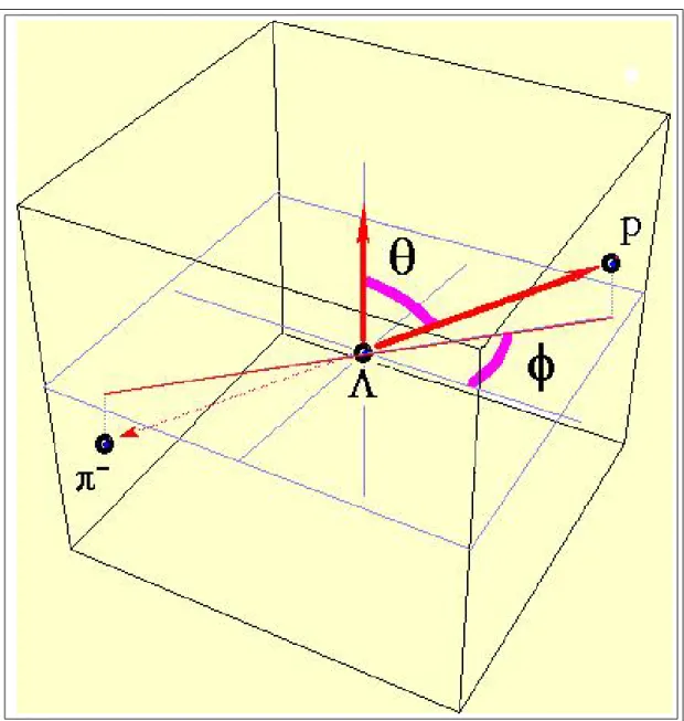 Gambar 3.2: Definisi sumbu dan arah pada peluruhan Λ. Disini θ adalah sudut antara vektor spin Λ dengan momentum proton.
