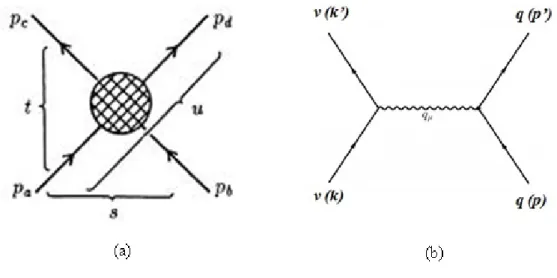 Gambar 2.2: (a) Definisi variabel-variabel Mandelstam s, t, u pada proses hamburan dua partikel[24], (b) Proses hamburan neutrino-quark.