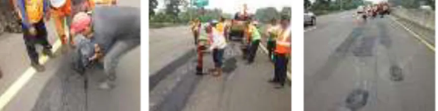 Gambar 3-4. Uji coba bahan tambalan dengan di Tol Jagorawi  Arah Cawang (Km 37+000) 