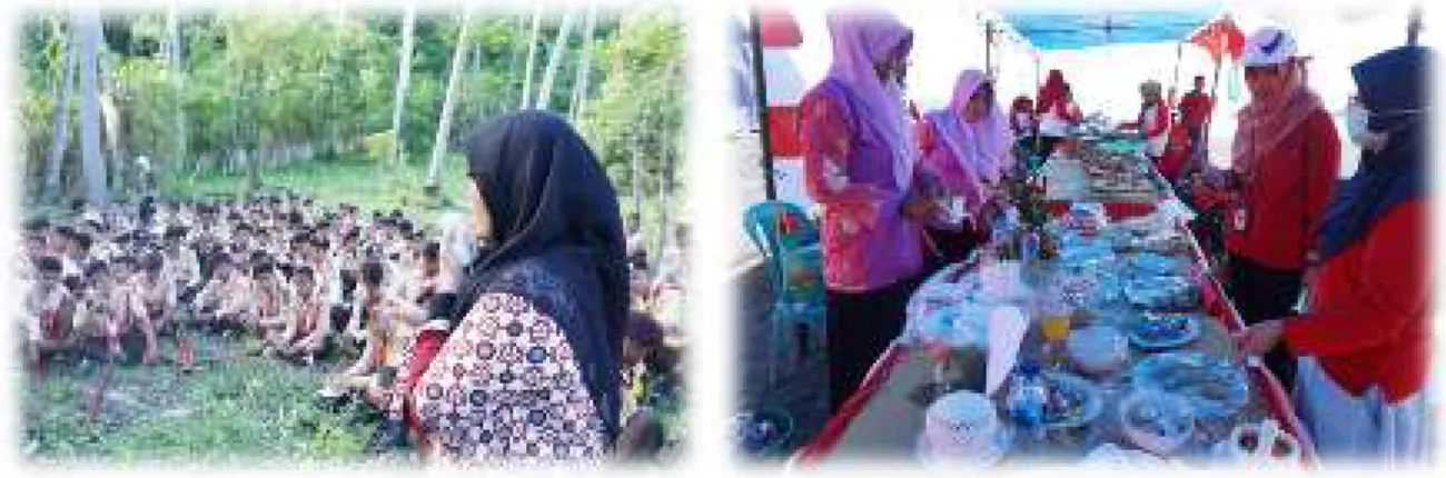 Gambar 6. Kegiatan KIE di perkemahan pramuka di Pulo Dua (Kiri) dan Kegiatan sampling pangan di acara  Festival Pulo Dua 2019 (Kanan)