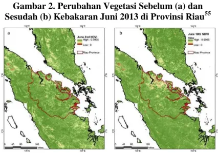 Gambar 2. Perubahan Vegetasi Sebelum (a) dan  Sesudah (b) Kebakaran Juni 2013 di Provinsi Riau 55