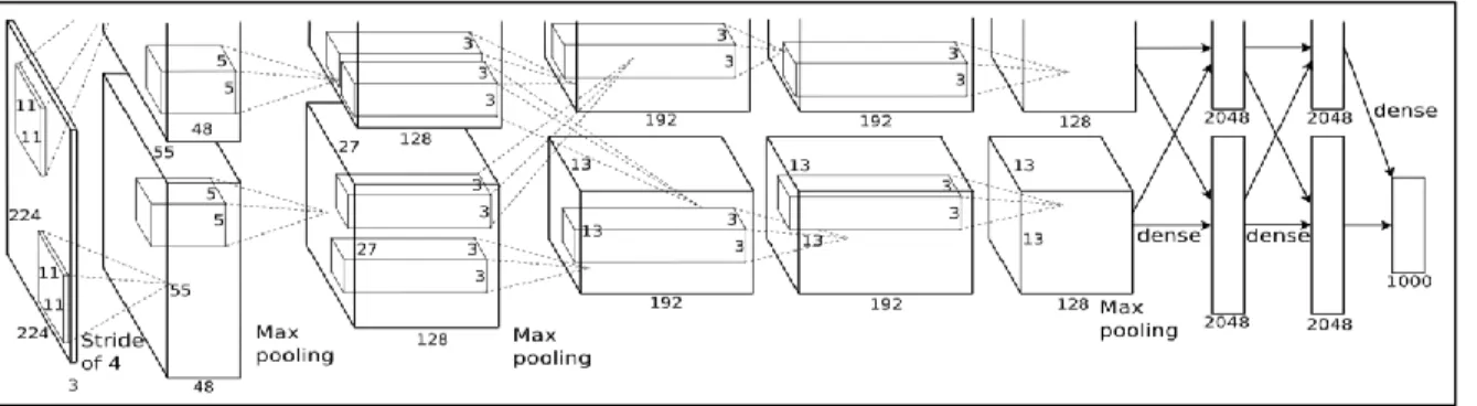 Gambar 1. AlexNet CNN architecture  (Sumber : towardsdatascience.com) 