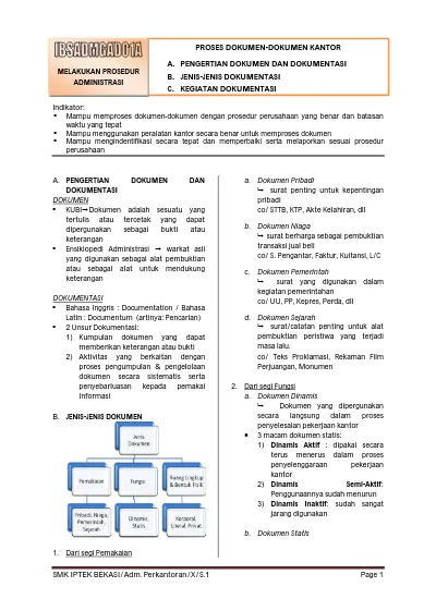 PROSES DOKUMEN-DOKUMEN KANTOR A. PENGERTIAN DOKUMEN DAN DOKUMENTASI B ...