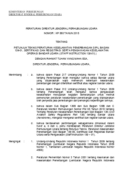 PERATURAN DIREKTUR JENDERAL PERHUBUNGAN UDARA NOMOR : KP 580 TAHUN 2015 ...