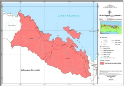 Gambar 1. Peta Administrasi Kecamatan  Anggrek Kabupaten Gorontalo Utara  Anggrek  merupakan  kecamatan  unggulan  di  Kabupaten  Gorontalo  Utara  sesuai  dengan  Undang-Undang  Nomor  11  tahun  2007  tentang  pembentukan  Kabupaten  Gorontalo  Utara