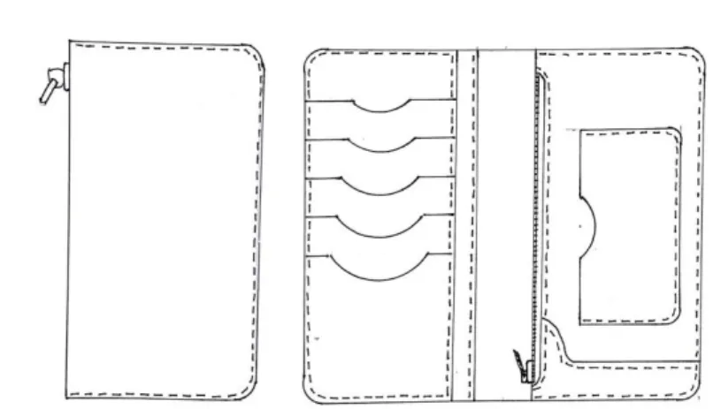 Gambar 39. Desain terpilih long wallet 5, interior (kanan) dan eksterior (kiri)  (Dokumentasi Abdul Muntolib 2017) 