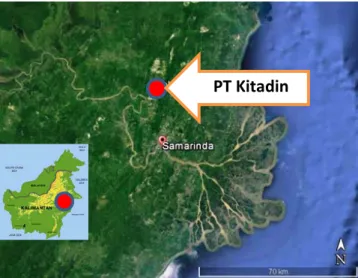 Gambar 1. Lokasi penelitian di PT Kitadin, Desa Embalut,  Kecamatan Tenggarong Seberang, Kabupaten Kutai Kertanegara,  Provinsi Kalimantan Timur 