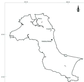 Gambar 2.  Vegetasi lokasi penelitian, (A) area gundul lahan  pasca penambangan timah di hutan lindung di Lingkungan Lubuk  Kelik, (B) tanaman lada yang tidak terawat di Desa Silip, (C) area  gundul tailing timah di kebun karet di Desa Bencah