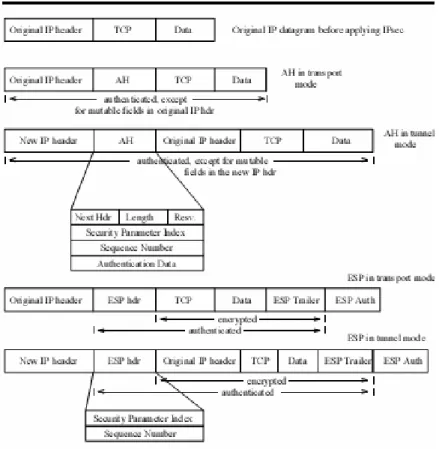 Gambar 4 Format protokol dari paket IPv4 (pada TCP)  dengan IPSec  Kunci-kunci  yang  digunakan  pada  proses 