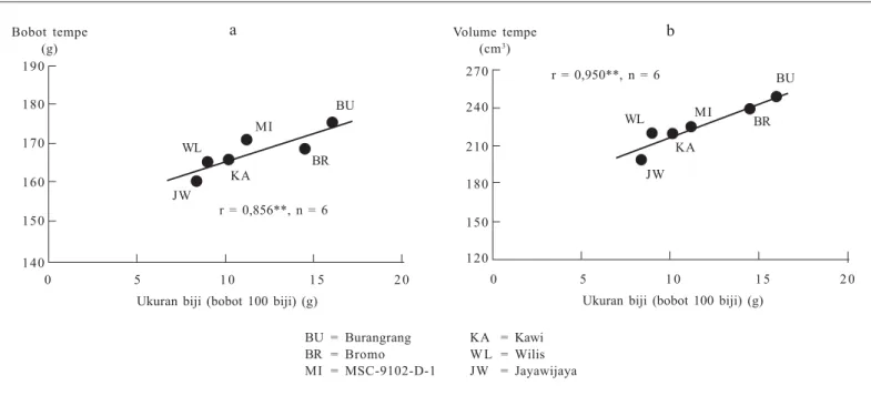 Gambar 1. Hubungan antara ukuran biji kedelai dengan (a) bobot tempe dan (b) volume tempe yang dihasilkan dari enam varietas/galur kedelai (Antarlina et al