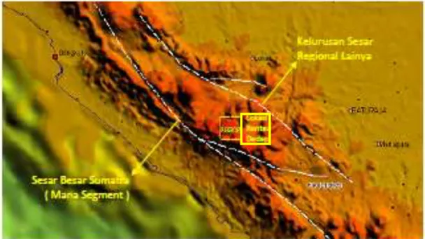 Gambar 2-5  Gambar  Shuttle  Radar  Topographic  Mission   ( SRTM )  Rantau  Dedap  yang  menunjukkan  lokasi  tektonik  prospek  panas  bumi  Rantau  dedap dan terletak di antara dua sesar regional yang paralel 