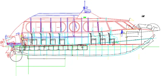 Gambar I-4: Desain awal tampilan memanjang dan struktur konstruksi kapal berikut dudukan mesin kapal  (gambar didapatkan dari Kirby Marine, Australia) 