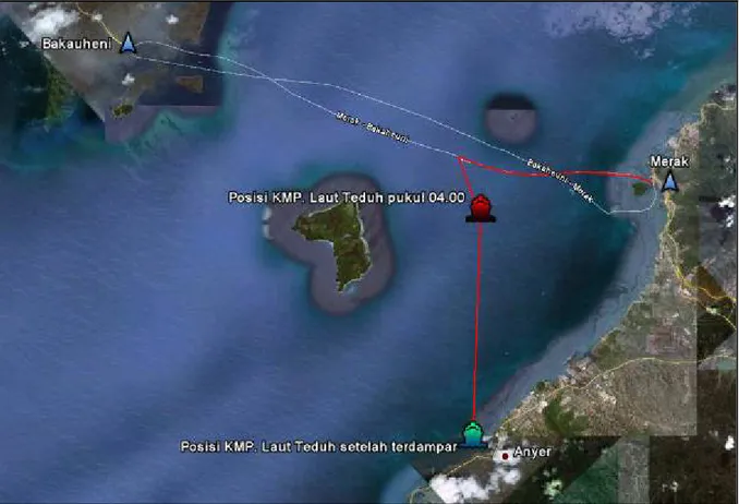 Gambar II-2: Posisi KMP. Laut Teduh-2 pada saat kebakaran dan posisi akhir setelah terdampar 