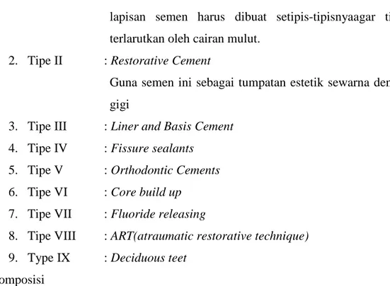 Tabel 3. Komposisi bubuk Semen Ionomer Kaca  Sumber: Manappallil dalam Lubis, F.L. 2004