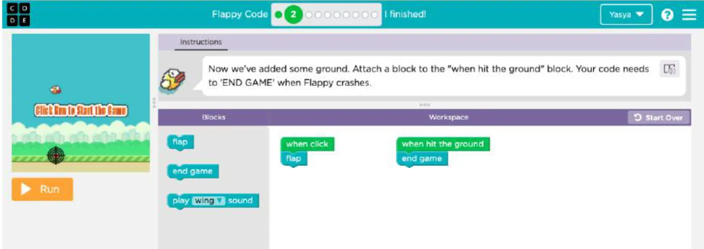 Gambar 4 Contoh pembelajaran dengan membuat permainan flappy bird  (Sumber: https://studio.code.org/flappy/1) 