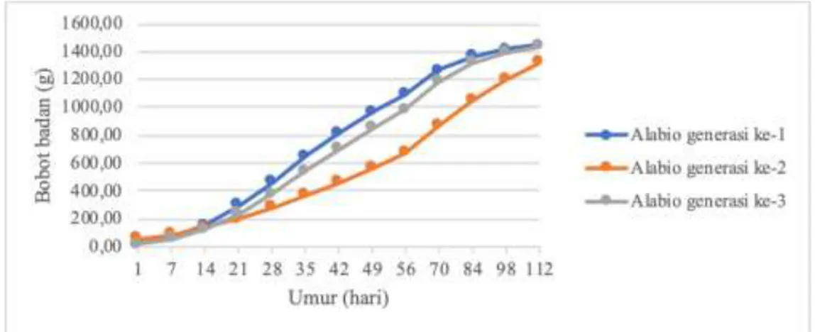 Gambar  1.  Laju  pertumbuhan  bobot  hidup  itik  Alabimaster  selama  3  generasi  berdasarkan model Gompertz  