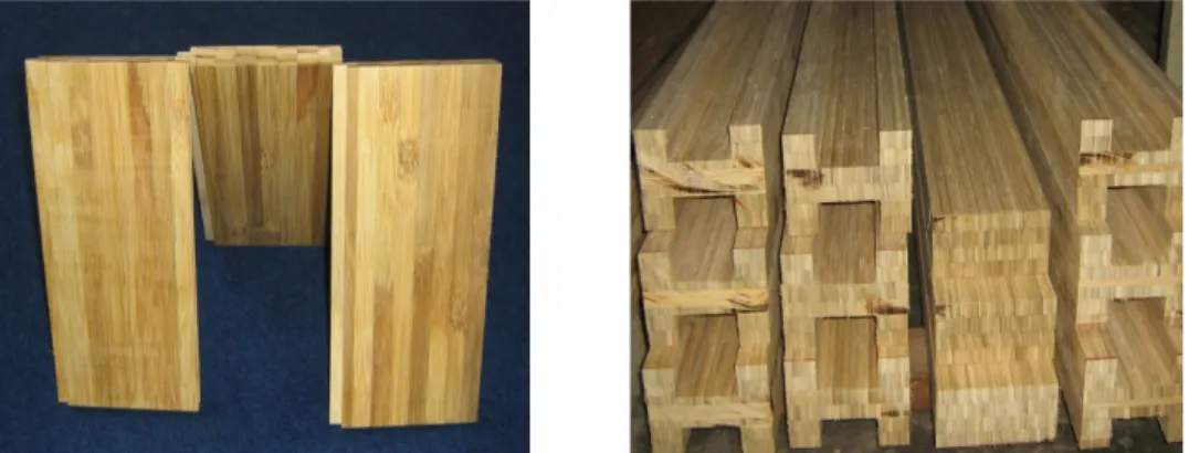 Gambar 1.  Bahan lantai (parquet) dan Struktur balok dari bahan bambu laminasi berbentuk profil I  Perekat  Polymer Isocyanate 