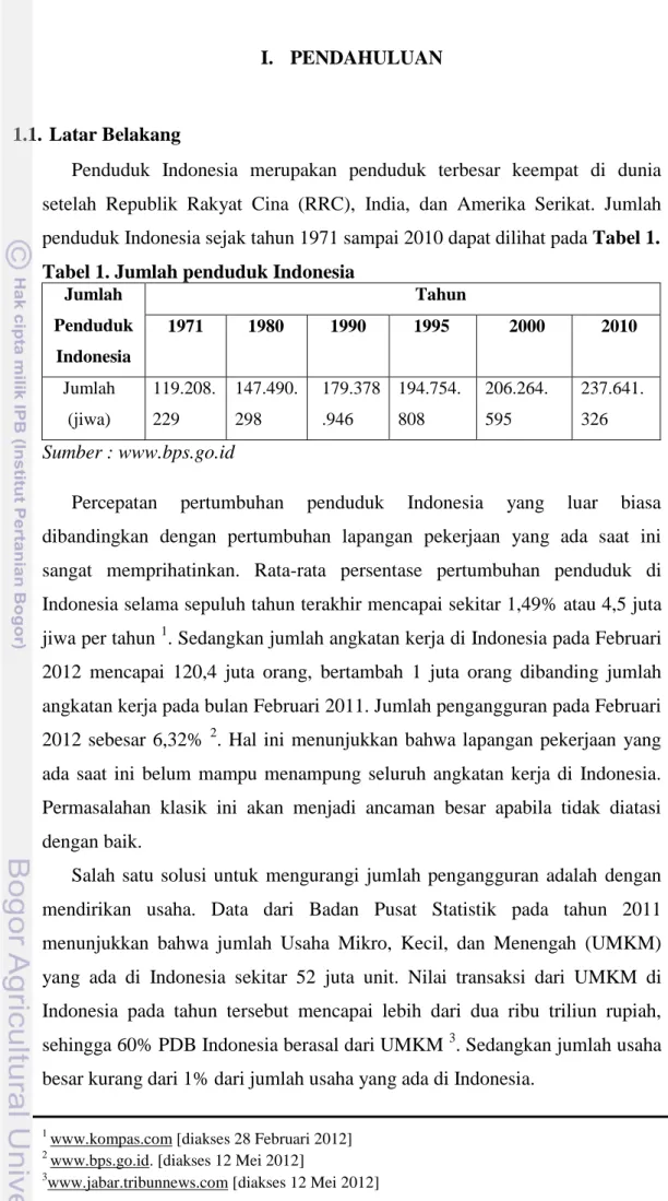 Tabel 1. Jumlah penduduk Indonesia  Jumlah  Penduduk  Indonesia                                               Tahun 1971 1980 1990 1995  2000  2010  Jumlah  (jiwa)  119.208.229  147.490