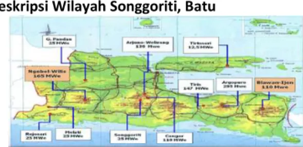 Gambar 1. Peta Potensi Panas Bumi Jawa Timur  Songgoriti  terletak  di  kelurahan  Songgokerto,  Kecamatan Batu, Kota Batu, Jawa Timur