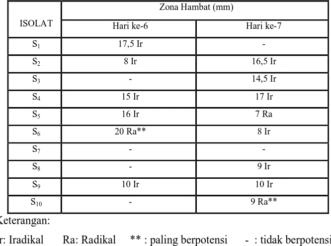 Tabel 4.1 Hasil uji aktivitas isolat Actinomycetes dengan lama fermentasi 
